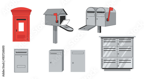 Collection of different types of classic and modern mailboxes and letterboxes for sending mail.