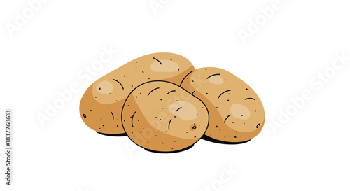 Simple illustration of a small pile of freshly harvested raw brown potatoes on a white background.