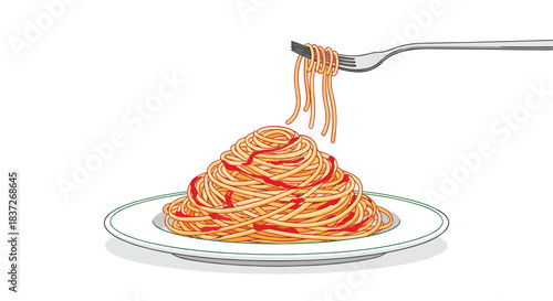Delicious plate of spaghetti with tomato sauce is being twirled onto a fork to be eaten.