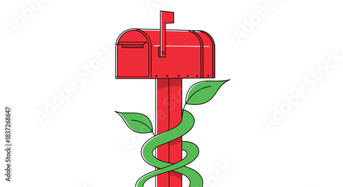 Red rural mailbox with its flag up has a green vine with leaves growing around its post.