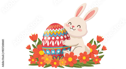 Cute Easter bunny happily hugs a large colorful and intricately decorated Easter egg in the flowers.
