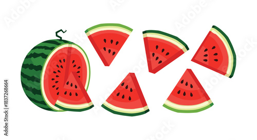 Refreshing set of a whole watermelon and various juicy slices perfect for a hot summer day.