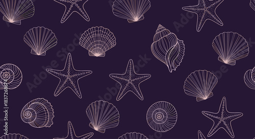 Elegant seamless nautical pattern of various seashells and starfish outlined on a dark background.