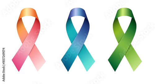 Three vibrant awareness ribbons symbolizing support for various causes, isolated on transparent background