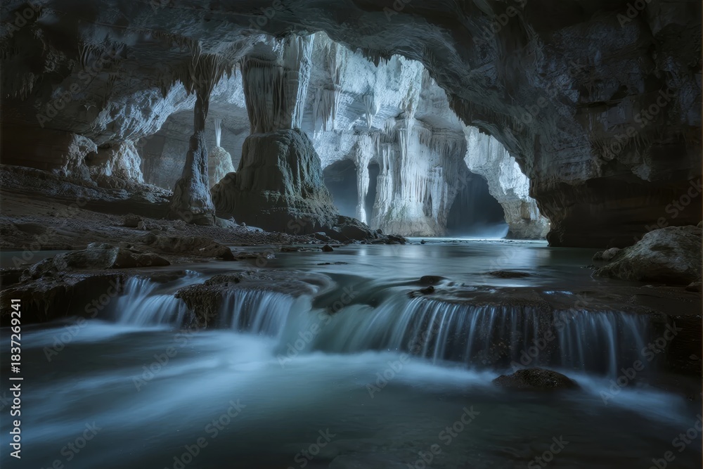 Naklejka premium Stunning underground cave with flowing river and stalactites illuminated by natural light