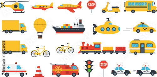 Transportation vehicle icon vector set with cars trucks trains planes ships emergency and traffic elements