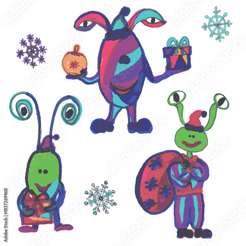 Cheerful bright funny cartoon monsters with gifts and snowflakes. Characters with big eyes and friendly smiles in Christmas hats. For children's products, gift wrapping, holiday design projects.