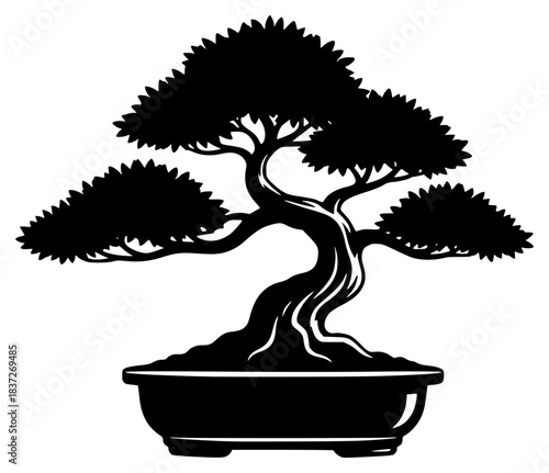 A black and white silhouette of a bonsai tree in a pot, black, bonsai, container, footstall, illustration, plant, pot, profile, tree, against transparent background