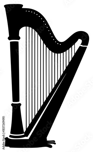 A black and white silhouette of a harp, black, icon, illustration, instrument, mouth organ, pillar, profile, string, style, against transparent background