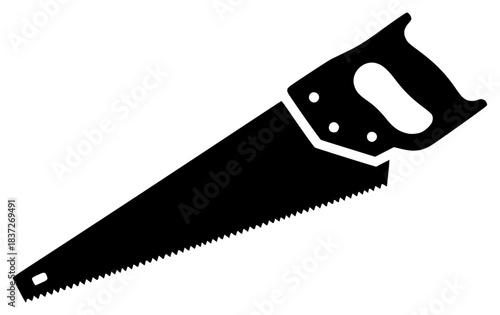 A black and white silhouette of a hand saw, black, blade, chain saw, flat, icon, illustration, profile, saw, tool, against transparent background