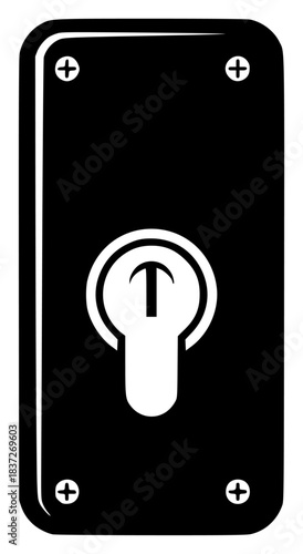 A black rectangular door plate with a keyhole and a symbol of a key, set against a , attach, black, icon, key, lock, phone, security, against transparent background