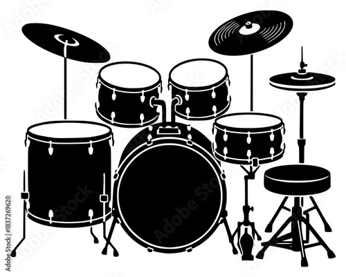 A black and white silhouette of a drum set with cymbals and a stool, black, drum, drumstick, equipment, illustration, instrument, kit, profile, stool, against transparent background