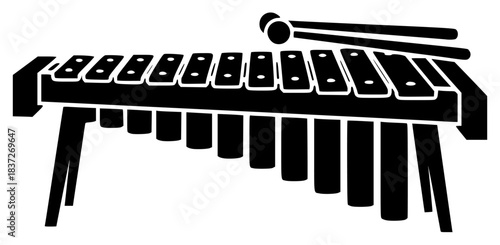 A black and white silhouette of a marimba, black, flat, icon, illustration, instrument, music, profile, stool, style, against transparent background