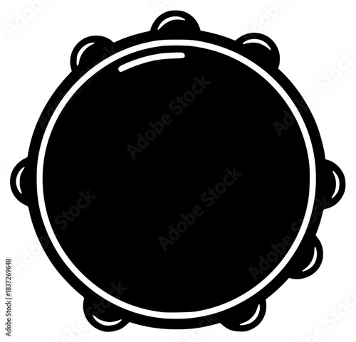 A black and white silhouette of a tambourine, black, icon, illustration, profile, tambourine, against transparent background