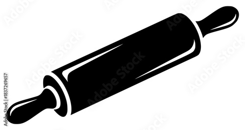 A black and white silhouette of a rolling pin, black, dough, flat, icon, illustration, kitchenware, pin, profile, roll, roller, rolling pin, style, tool, against transparent background