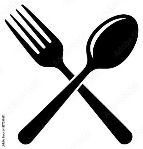 A black and white silhouette of two crossed forks and a spoon, black, cross, fork, icon, illustration, profile, spoon, utensil, against transparent background