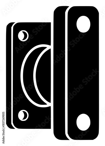 A black and white silhouette of a door hinge with a circular design, black, icon, logo, against transparent background