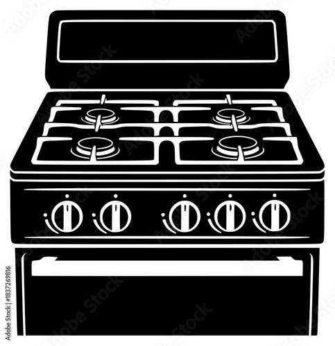 A black and white silhouette of a stove with four burners, appliance, black, cooker, gas stove, home appliance, icon, illustration, kitchenware, open, oven, stove, against transparent background