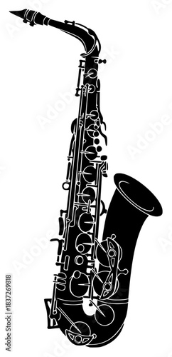 A black and white silhouette of a saxophone, black, clarinet, illustration, instrument, music, profile, sax, against transparent background