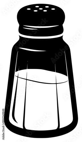 A black and white illustration of a salt shaker, black, bottle, glass jar, grinder, illustration, jar, lid, liquid, milk, powder, profile, salt, salt shaker, shaker, against transparent background
