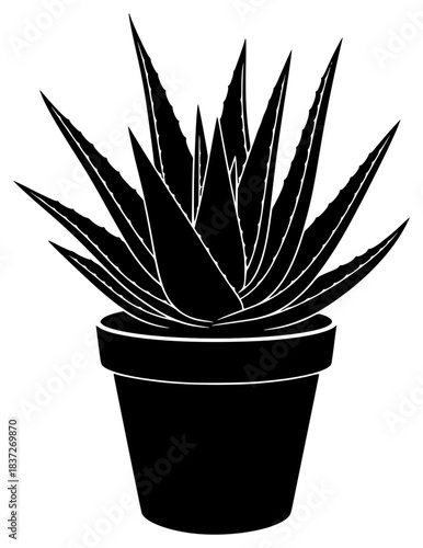 A black and white silhouette of an aloe vera plant in a pot, aloe vera, black, houseplant, icon, illustration, plant, pot, profile, succulent, against transparent background