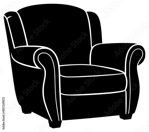 A black and white silhouette of a chair, armchair, black, chair, daybed, icon, illustration, profile, against transparent background