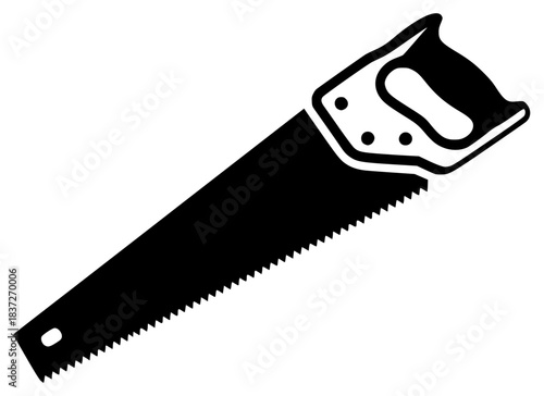 A black and white silhouette of a hand saw, black, blade, chain saw, flat, icon, illustration, profile, saw, tool, against transparent background