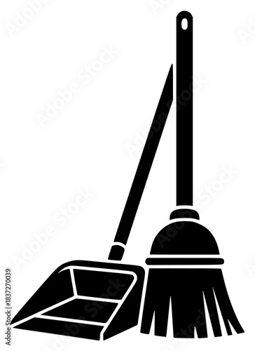 A black and white silhouette of a broom and a dustpan, black, broom, brush, dustpan, flat, floor, icon, illustration, profile, rake, shovel, style, swab, tool, against transparent background