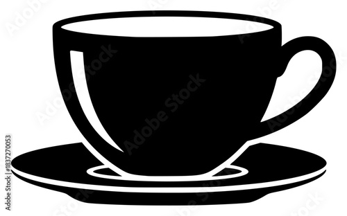 A black and white silhouette of a cup and saucer, beverage, black, coffee, coffee cup, cup, icon, illustration, liquid, mug, plate, profile, saucer, tea, teacup, against transparent background