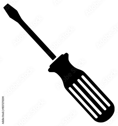 A black and white silhouette of a screwdriver, black, flat, fork, icon, illustration, pitchfork, profile, rake, screwdriver, shovel, spatula, tool, against transparent background