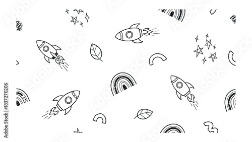 Whimsical Cosmic Journey: Animated rockets embark on a whimsical adventure through a constellation of stars and rainbows, creating a playful and imaginative scene.