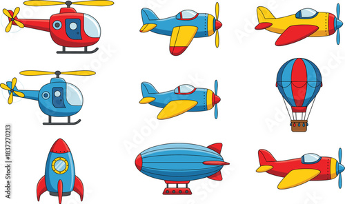 Cartoon air transportation vector set with airplanes helicopters rockets airships and hot air balloon icons