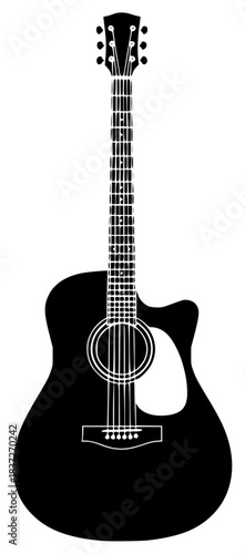 A black and white silhouette of an acoustic guitar, black, guitar, illustration, instrument, profile, string, ukulele, against transparent background
