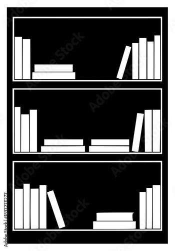 A black and white illustration of a bookshelf filled with books, black, book, bookcase, bookshelf, flat, icon, illustration, library, shelf, shelve, white, against transparent background