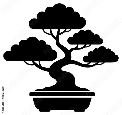 A bonsai tree silhouette on a , black, bonsai, footstall, icon, illustration, plant, pot, profile, tray, tree, against transparent background