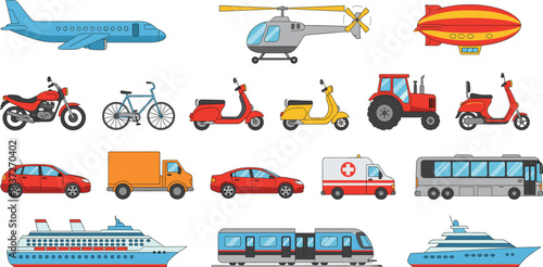 Transportation vehicle vector set with cars trains planes ships bikes tractors and emergency transport icons
