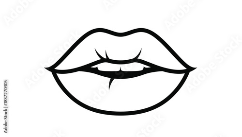 Stylized outline of full lips biting the lower lip, in black and white.