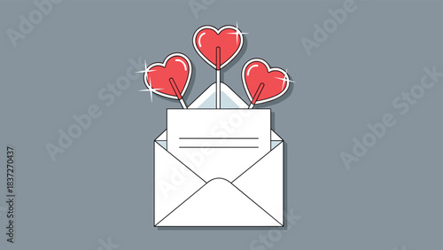 Three heart-shaped lollipops emerging from a white envelope with a letter inside.