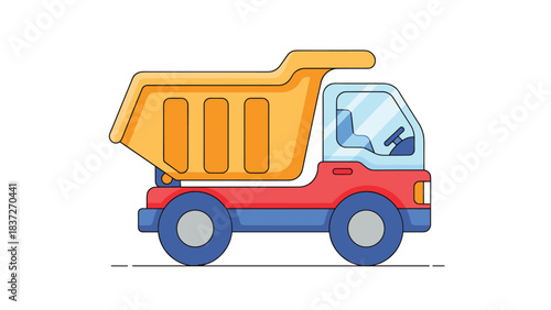 A colorful cartoon illustration of a dump truck toy with yellow, red, and blue parts.