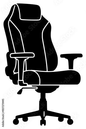 A black and white silhouette of a gaming chair, armchair, black, chair, computer chair, icon, illustration, office chair, office supply, profile, stool, swivel chair, against transparent background