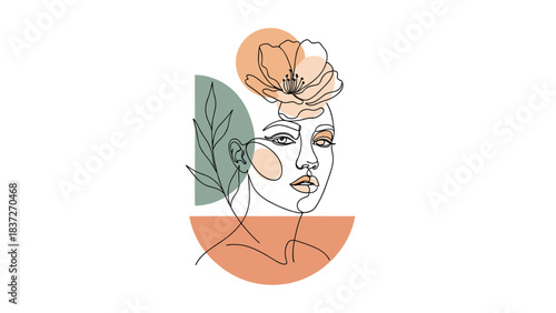 Minimalist line art of a woman with a flower on her head and abstract shapes.