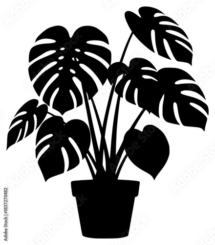 A black and white silhouette of a potted plant with large leaves, black, houseplant, illustration, plant, pot, profile, tropic, against transparent background