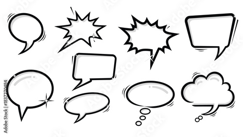 Collection of black and white comic book style speech and thought bubbles on a white background.