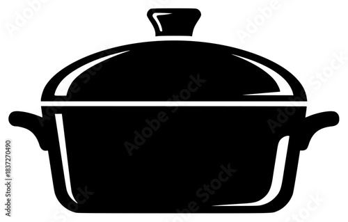 A black and white silhouette of a casserole dish with a lid, black, blanket, container, flat, food, home appliance, icon, illustration, kitchenware, lid, pot, profile, against transparent background