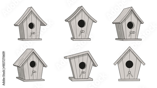 Collection of six different cartoon style wooden birdhouses with round openings, presented on a white background.