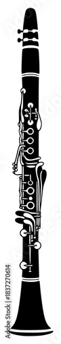A black and white illustration of a clarinet, black, clarinet, illustration, instrument, microphone, profile, sax, trumpet, against transparent background