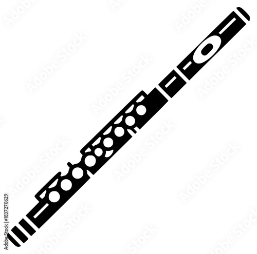 A black and white silhouette of a flute, black, clarinet, flat, flute, icon, illustration, instrument, music, profile, against transparent background