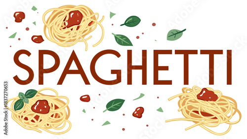 Delicious spaghetti illustration with sauce and basil