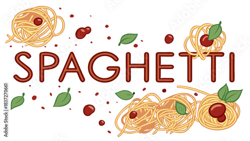 Spaghetti word art with delicious ingredients