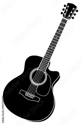 A black and white silhouette of an acoustic guitar, black, guitar, icon, illustration, instrument, profile, string, ukulele, against transparent background